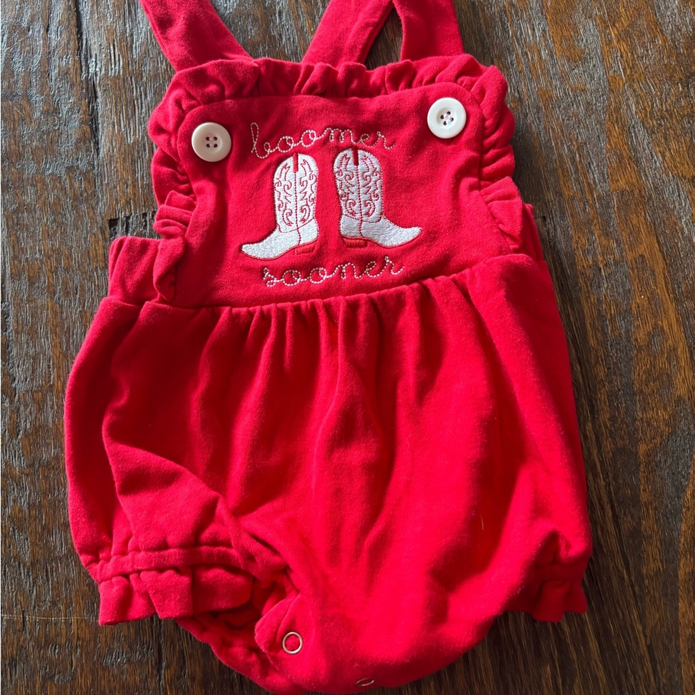 Red Baby Romper with Embroidered Boots with Boomer Sooner writing